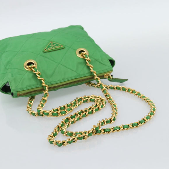 PRADA Chain Shoulder Bag Nylon Green Gold Auth 186013A