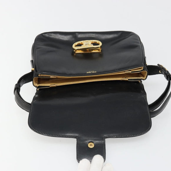 CELINE Shoulder Bag Leather Black Gold Auth 186015