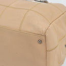 CHANEL Choco Bar Shoulder Bag Caviar Skin Beige Silver CC Auth 186018-15