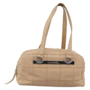 CHANEL Choco Bar Shoulder Bag Caviar Skin Beige Silver CC Auth 186018-13