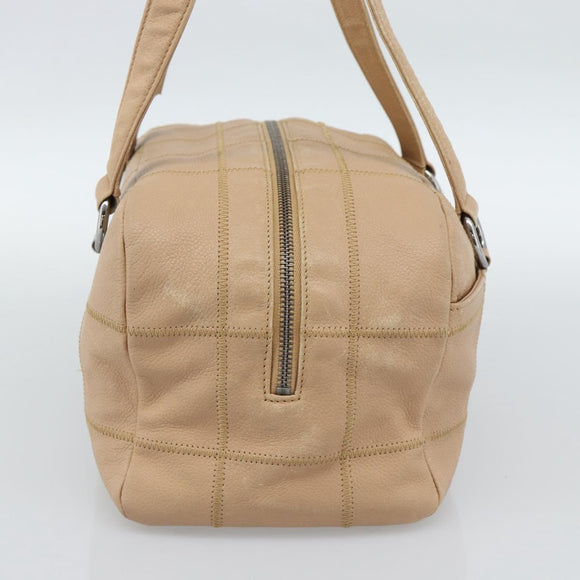 CHANEL Choco Bar Shoulder Bag Caviar Skin Beige Silver CC Auth 186018