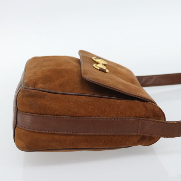 GUCCI Horsebit Shoulder Bag Suede Brown Gold Auth 186021