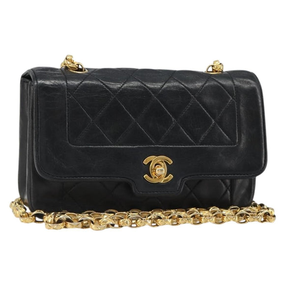CHANEL Chain Matelasse Shoulder Bag Lamb Skin Black Gold CC Auth 186025SAV