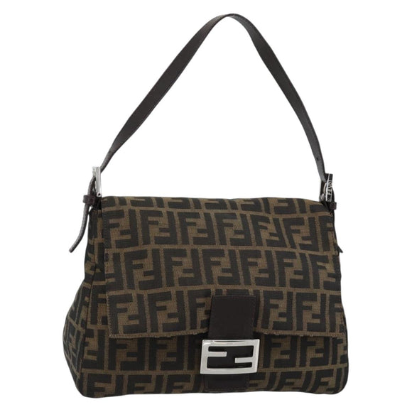 FENDI Zucca Canvas Mamma Baguette Shoulder Bag Black Brown Auth 186037SAM