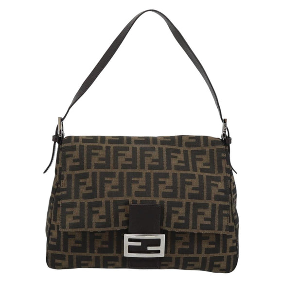FENDI Zucca Canvas Mamma Baguette Shoulder Bag Black Brown Auth 186037SAM