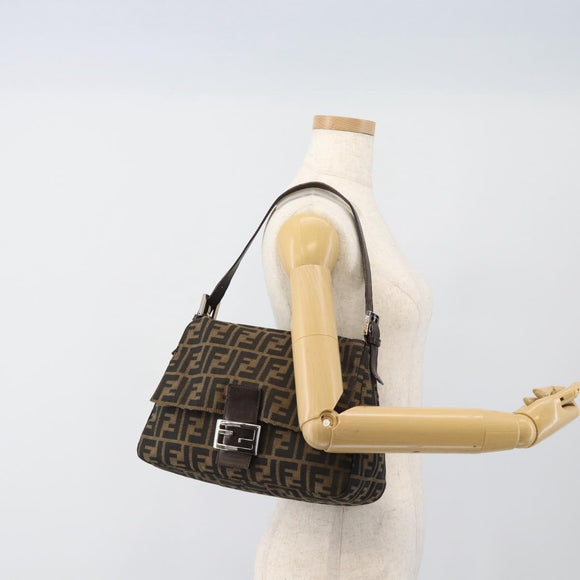 FENDI Zucca Canvas Mamma Baguette Shoulder Bag Black Brown Auth 186037SAM