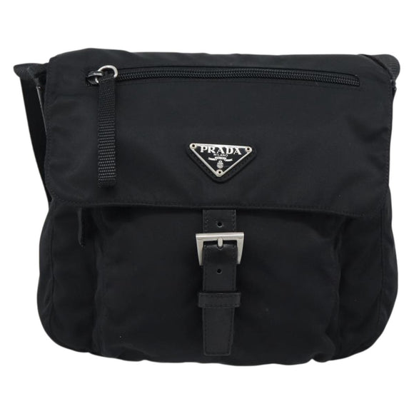 PRADA Shoulder Bag Nylon Black Silver Auth 186039A