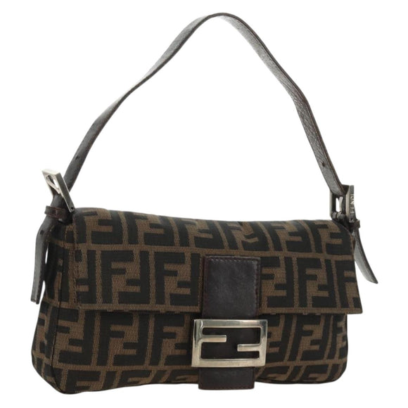 FENDI Zucca Canvas Mamma Baguette Shoulder Bag Black Brown Auth 186044SAM