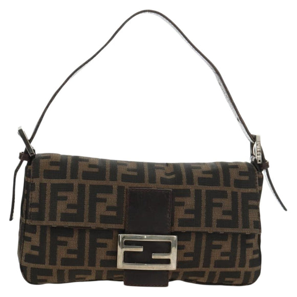 FENDI Zucca Canvas Mamma Baguette Shoulder Bag Black Brown Auth 186044SAM