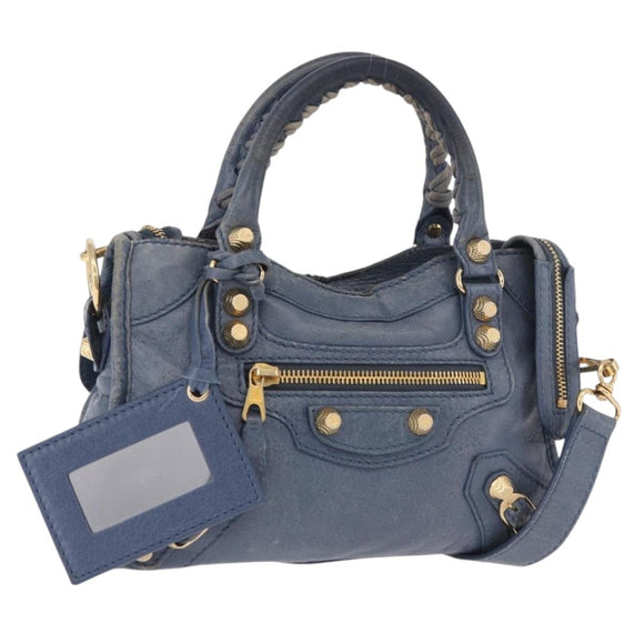 BALENCIAGA Giant Mini City Hand Bag Leather 2way Blue Gold 309544 Auth 186109A