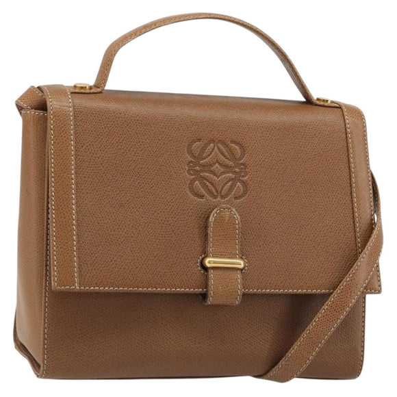 LOEWE Anagram Shoulder Bag Leather 2way Brown Gold Auth 186112