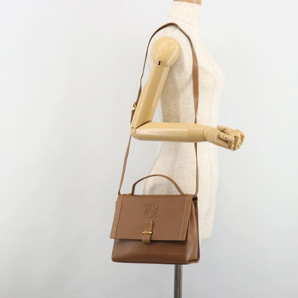 LOEWE Anagram Shoulder Bag Leather 2way Brown Gold Auth 186112