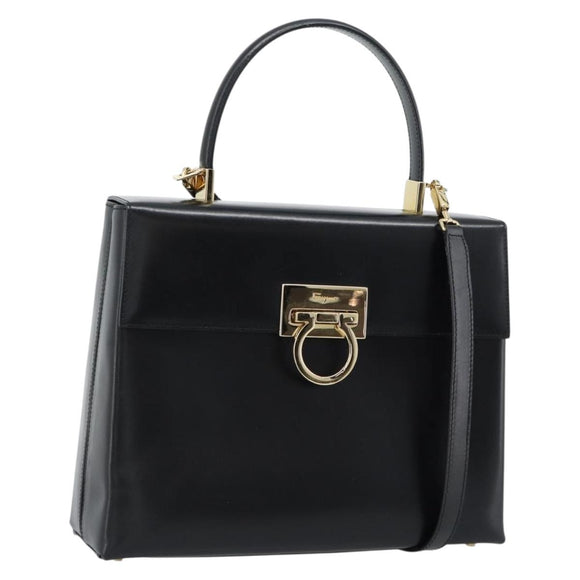 Salvatore Ferragamo Gancini Hand Bag Leather 2way Black Gold Auth 186113V