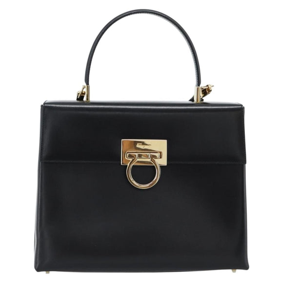 Salvatore Ferragamo Gancini Hand Bag Leather 2way Black Gold Auth 186113V