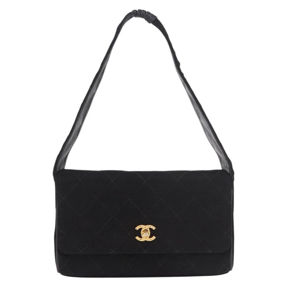 CHANEL Matelasse Shoulder Bag Cotton Black Gold CC Auth 186116V