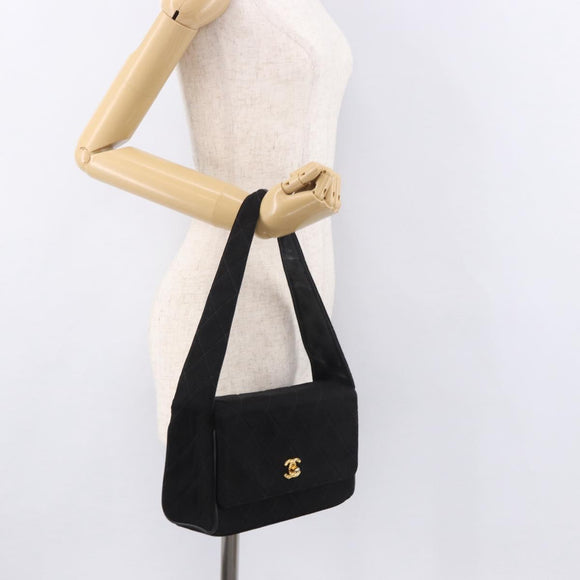 CHANEL Matelasse Shoulder Bag Cotton Black Gold CC Auth 186116V