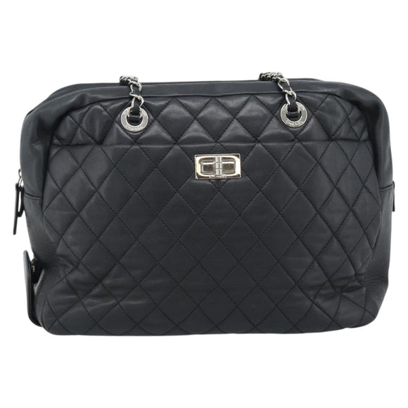 CHANEL 2.55 Chain Shoulder Bag Lamb Skin Black Silver CC Auth 186127V