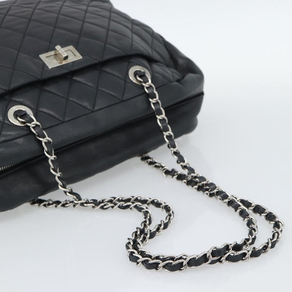 CHANEL 2.55 Chain Shoulder Bag Lamb Skin Black Silver CC Auth 186127V