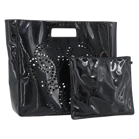 CHANEL Hand Bag Patent leather Black Silver CC Auth 186129