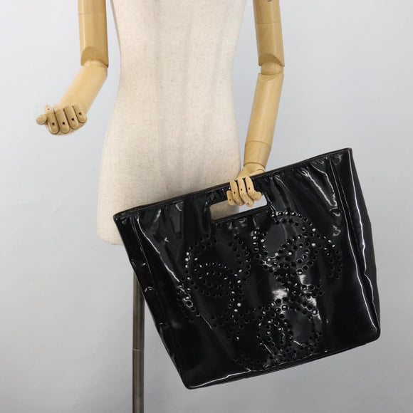 CHANEL Hand Bag Patent leather Black Silver CC Auth 186129