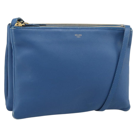 CELINE Trio Shoulder Bag Leather Blue Gold Auth 186131