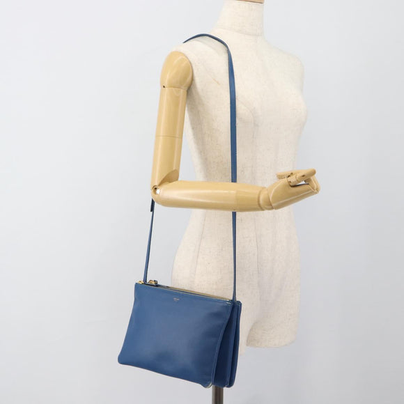 CELINE Trio Shoulder Bag Leather Blue Gold Auth 186131