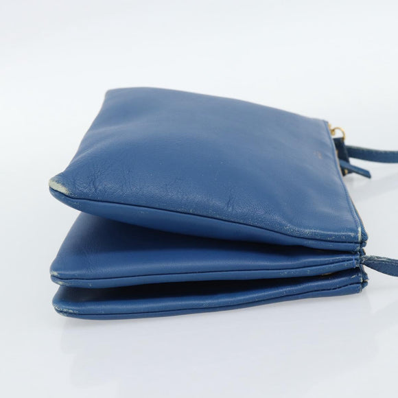 CELINE Trio Shoulder Bag Leather Blue Gold Auth 186131