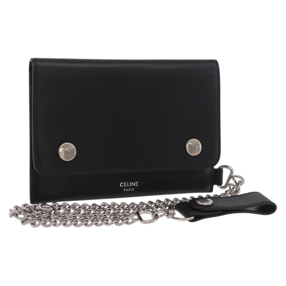 CELINE Chain Wallet Leather Black Silver Auth 186133M