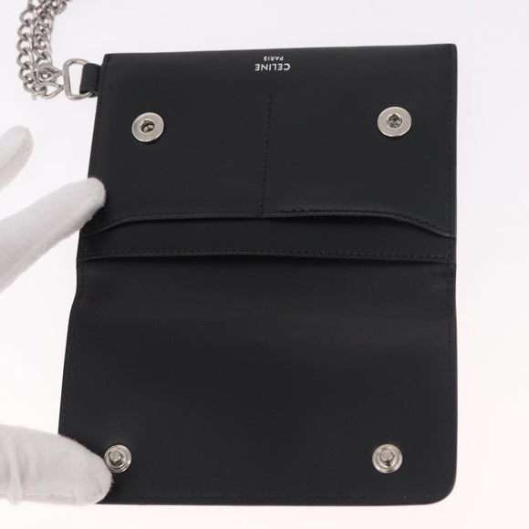 CELINE Chain Wallet Leather Black Silver Auth 186133M