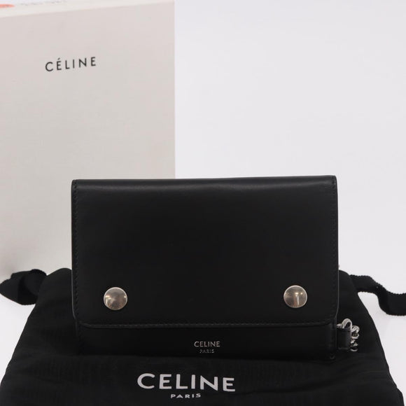 CELINE Chain Wallet Leather Black Silver Auth 186133M