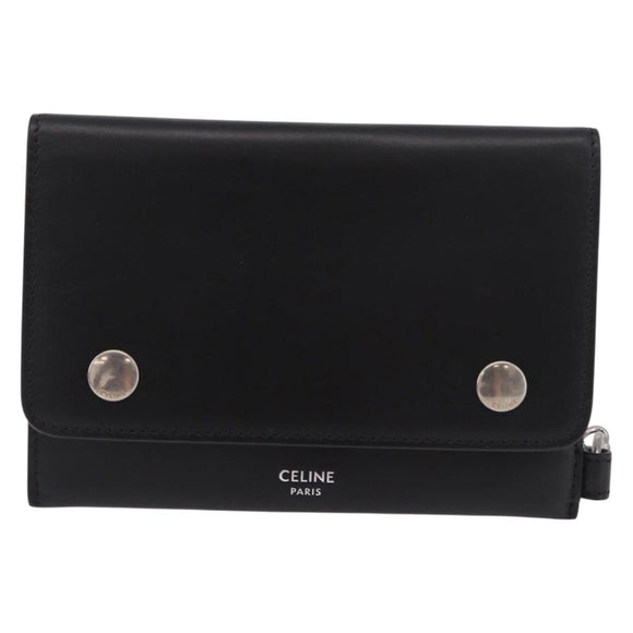 CELINE Chain Wallet Leather Black Silver Auth 186133M