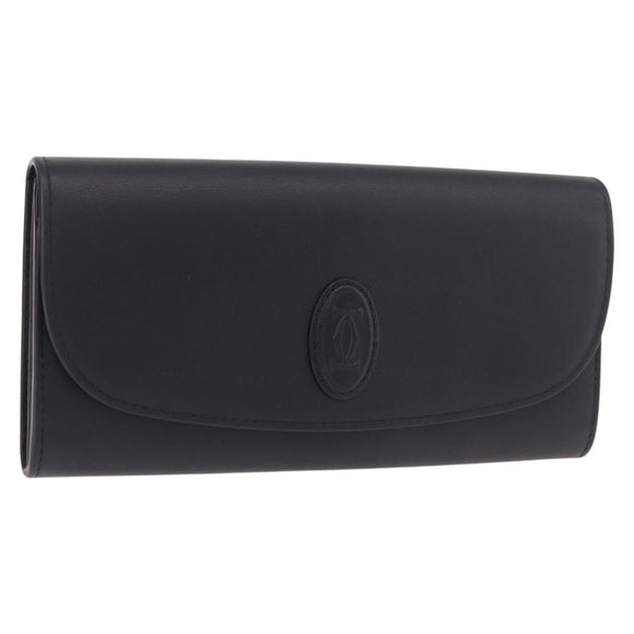 CARTIER Long Wallet Leather Black Gold Auth 186137V