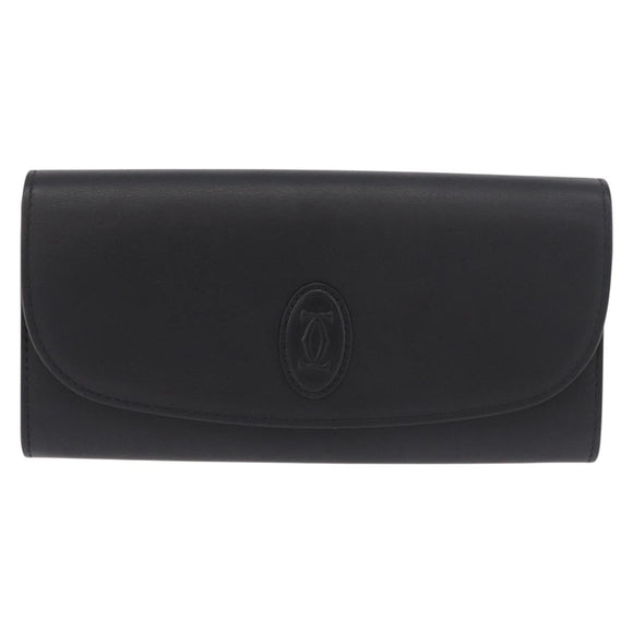 CARTIER Long Wallet Leather Black Gold Auth 186137V