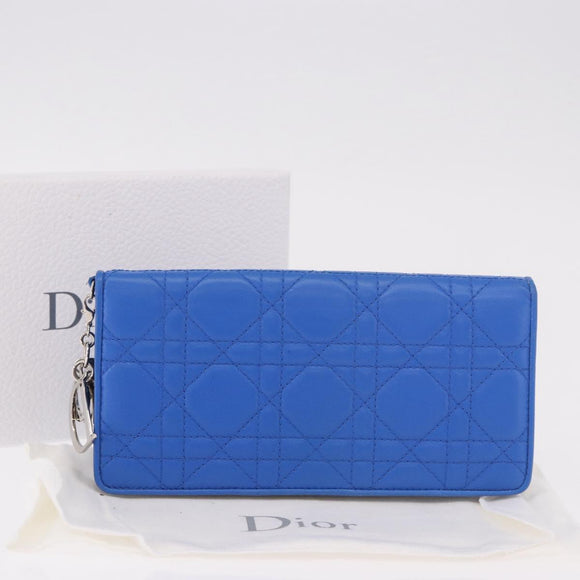 Christian Dior Canage Long Wallet Lamb Skin Blue Silver Auth 186139M