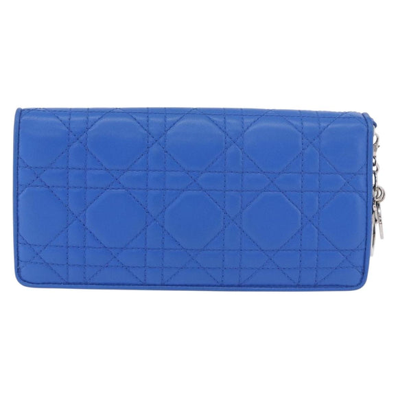 Christian Dior Canage Long Wallet Lamb Skin Blue Silver Auth 186139M