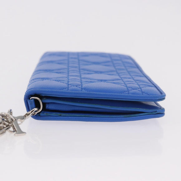 Christian Dior Canage Long Wallet Lamb Skin Blue Silver Auth 186139M