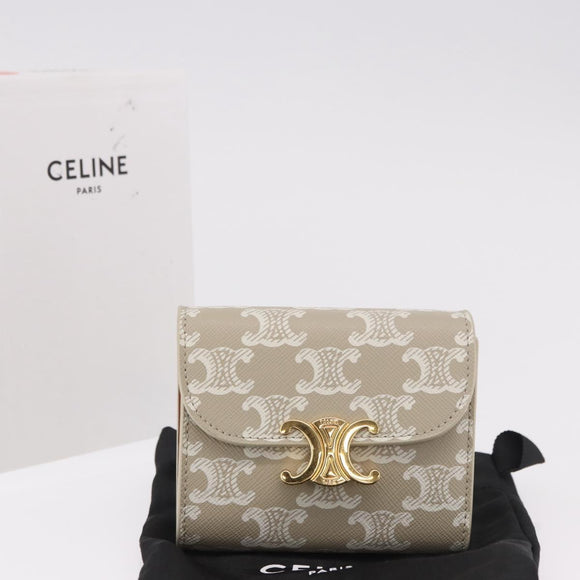 CELINE Triomphe 3 Fold Wallet PVC Beige Gold Auth 186147M