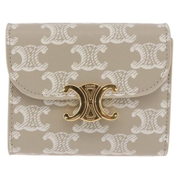 CELINE Triomphe 3 Fold Wallet PVC Beige Gold Auth 186147M