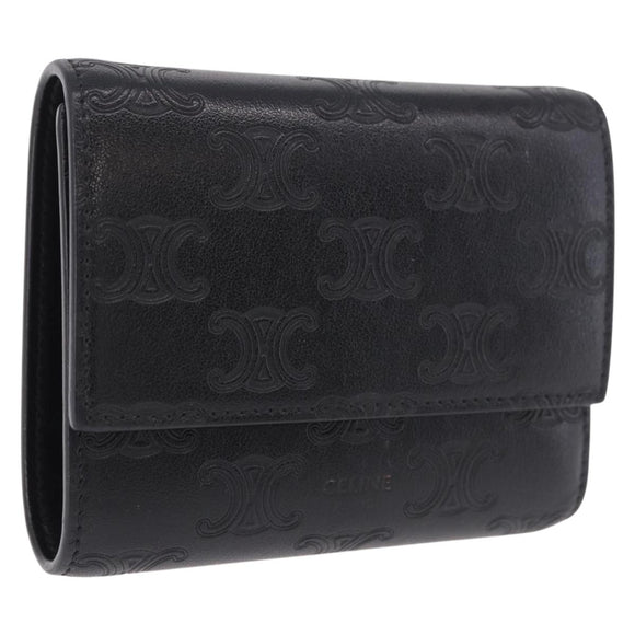 CELINE Triomphe 3-vouwportemonnee Leer Zwart Goud Auth 186148M
