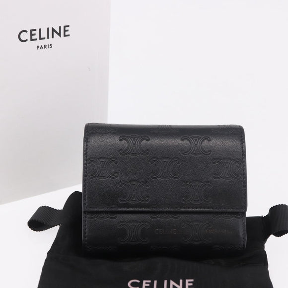 CELINE Triomphe 3-vouwportemonnee Leer Zwart Goud Auth 186148M