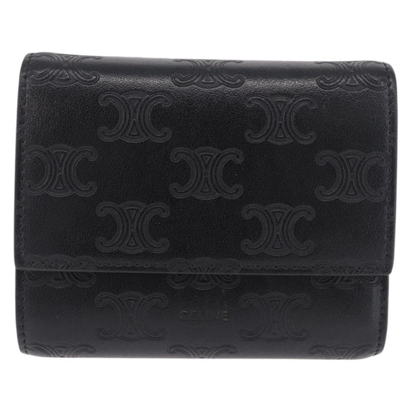 CELINE Triomphe 3-vouwportemonnee Leer Zwart Goud Auth 186148M