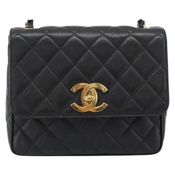 CHANEL Chain Matelasse Shoulder Bag Caviar Skin Black Gold CC Auth 186150V