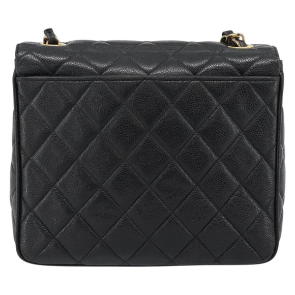 CHANEL Chain Matelasse Shoulder Bag Caviar Skin Black Gold CC Auth 186150V