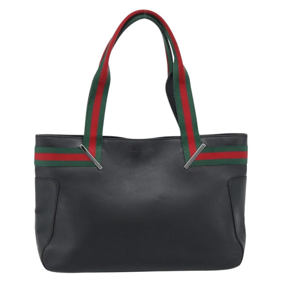 GUCCI Web Sherry Line Tote Bag Leather Black Silver Red 73983 Auth 186196A