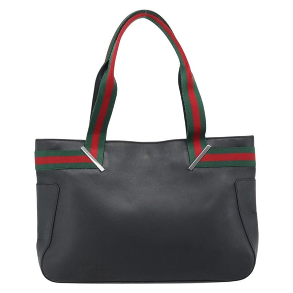 GUCCI Web Sherry Line Tote Bag Leather Black Silver Red 73983 Auth 186196A