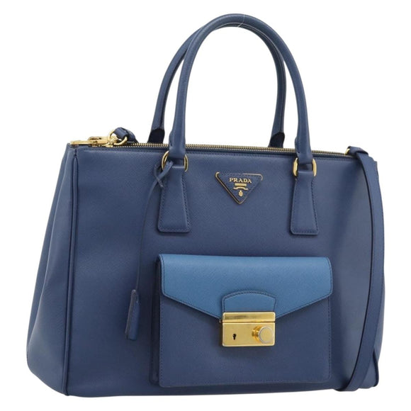 PRADA Hand Bag Saffiano leather 2way Blue Gold Auth 186202M
