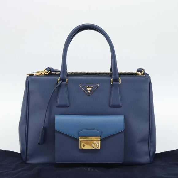PRADA Hand Bag Saffiano leather 2way Blue Gold Auth 186202M