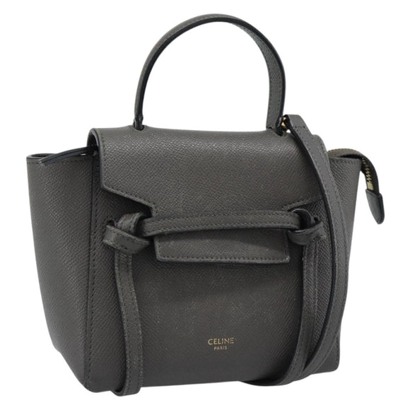 CELINE Pico Belt Hand Bag Leather 2way Gray Gold Auth 186203