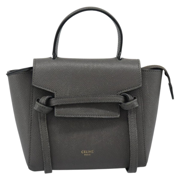 CELINE Pico Belt Hand Bag Leather 2way Gray Gold Auth 186203