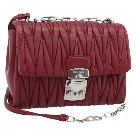 Miu Miu Matelasse Chain Shoulder Bag Leather Red Silver Auth 186223M